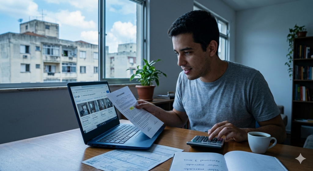 Inquilino jovem comparando preços de aluguel no notebook e fazendo cálculos para entrar com ação revisional de aluguel.