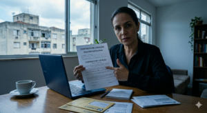 Mulher apontando para cláusula de rescisão antecipada em contrato de locação de imóvel urbano, demonstrando dúvida sobre multa abusiva.