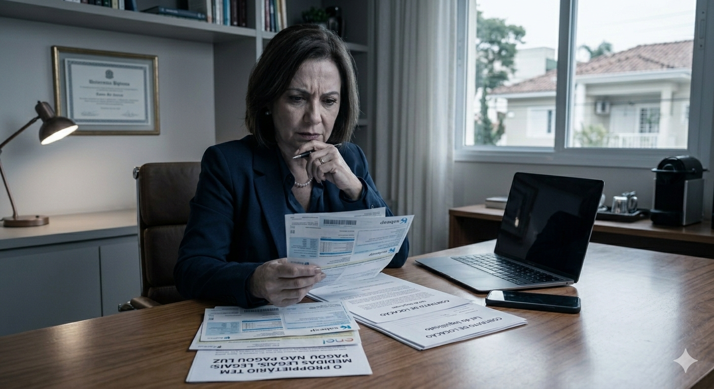Proprietário analisando contas de água e luz atrasadas pelo inquilino.