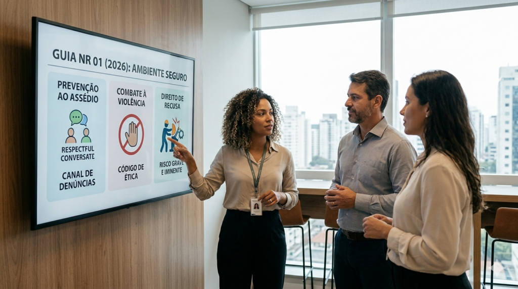 Especialista em SST apresentando treinamento da Nova NR 01 sobre prevenção ao assédio, combate à violência e direito de recusa em ambiente corporativo moderno.