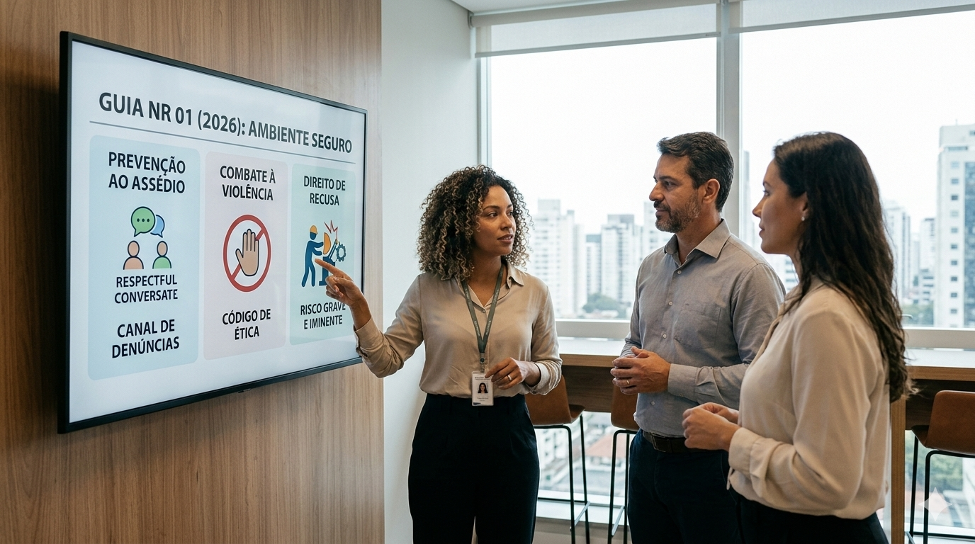 Especialista em SST apresentando treinamento da Nova NR 01 sobre prevenção ao assédio, combate à violência e direito de recusa em ambiente corporativo moderno.