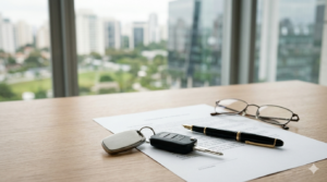 Close de chave de carro simples e caneta profissional sobre mesa de escritório de advocacia em São Paulo.